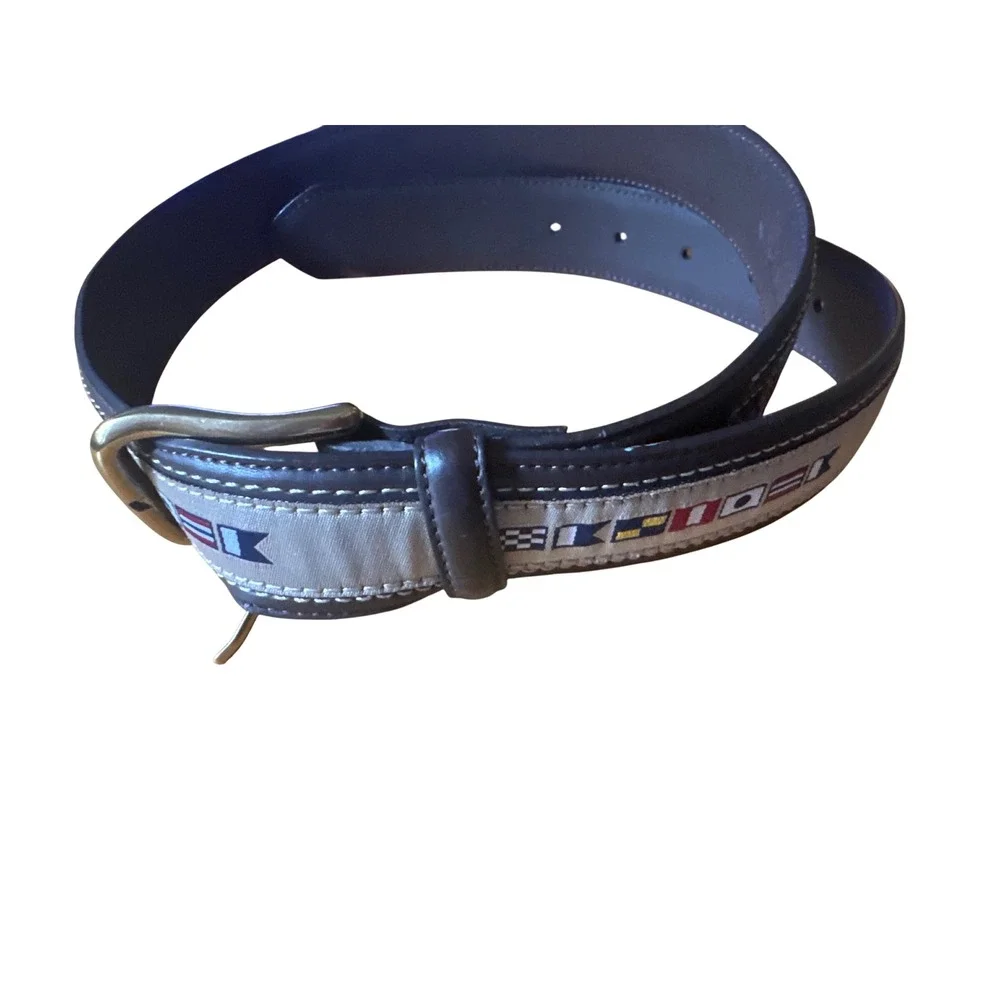 Nautica Belt Leather Nautical Signal Flags Brass Buckle Preppy Casual Men's S